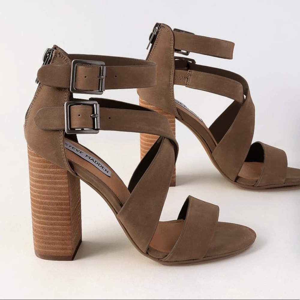 SUNDANCE BROWN NUBUCK LEATHER HIGH HEEL SANDALS